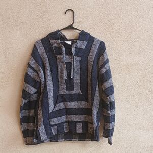 "Make Offer" Cozy Blue and Gray Hooded Sweater with Textured Stripes